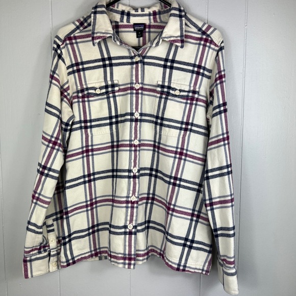 Patagonia Women's Long-Sleeved Fjord Flannel Shirt Size 10 Ivory Blue Purple - Picture 1 of 4